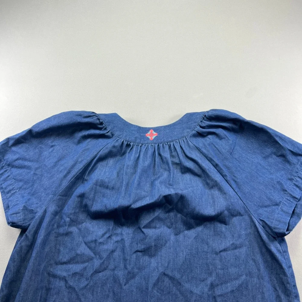 Go Softly Patio Tunic Dress Womens Large Blue Denim Cotton Pleated Split V Neck